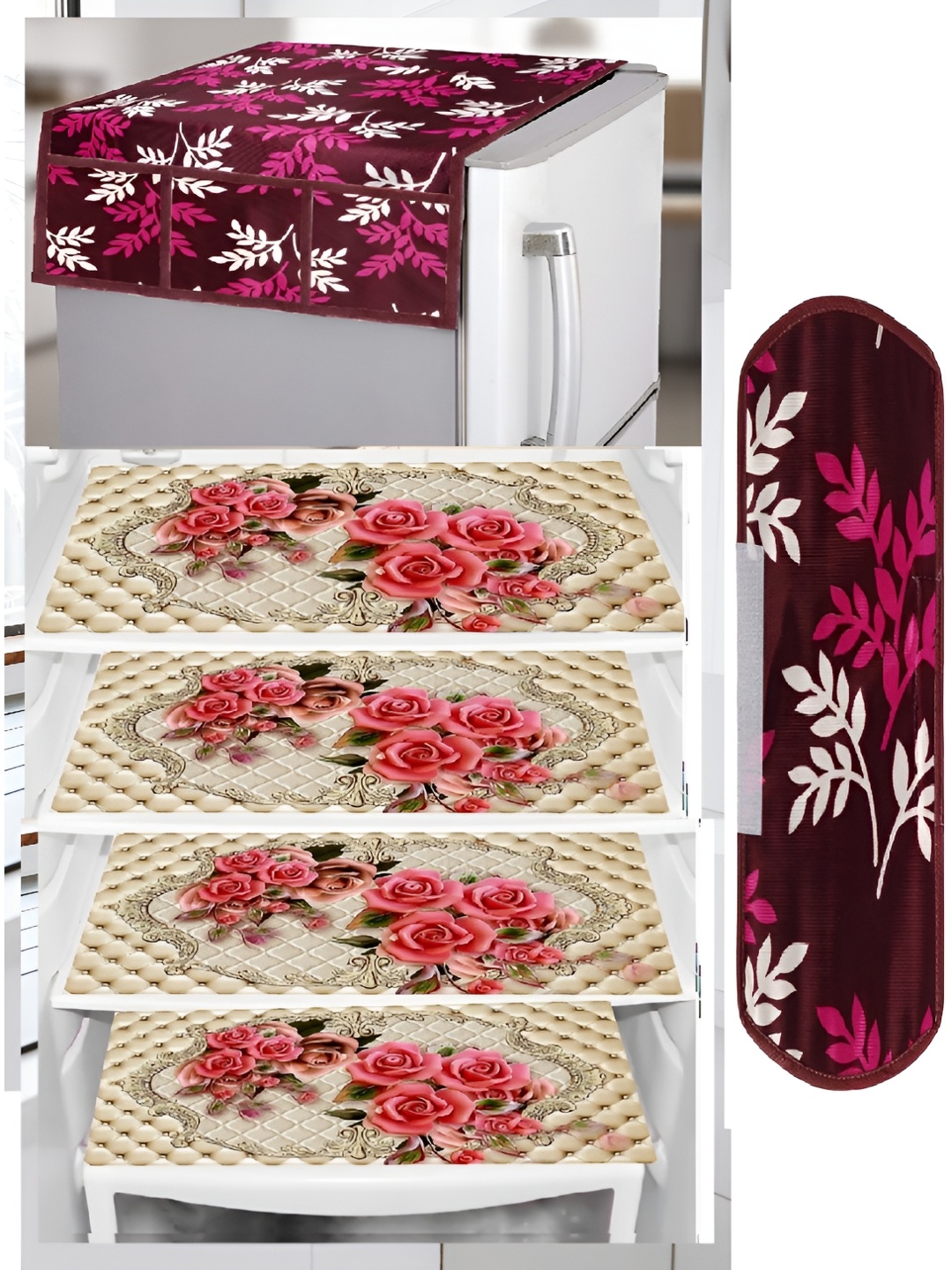 

REVEXO Pink & Beige 6 Pieces Floral Printed Appliance covers