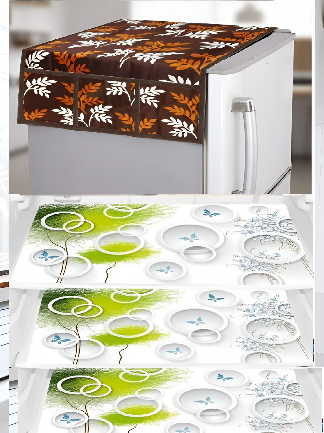 

REVEXO 5-Pcs Maroon & White Printed Fridge Top Cover & Fridge Mats