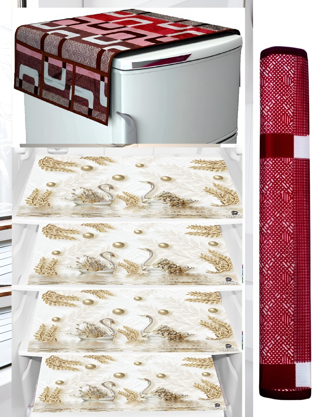

REVEXO Brown & White 4 Pieces Printed Fridge Cover With Mats