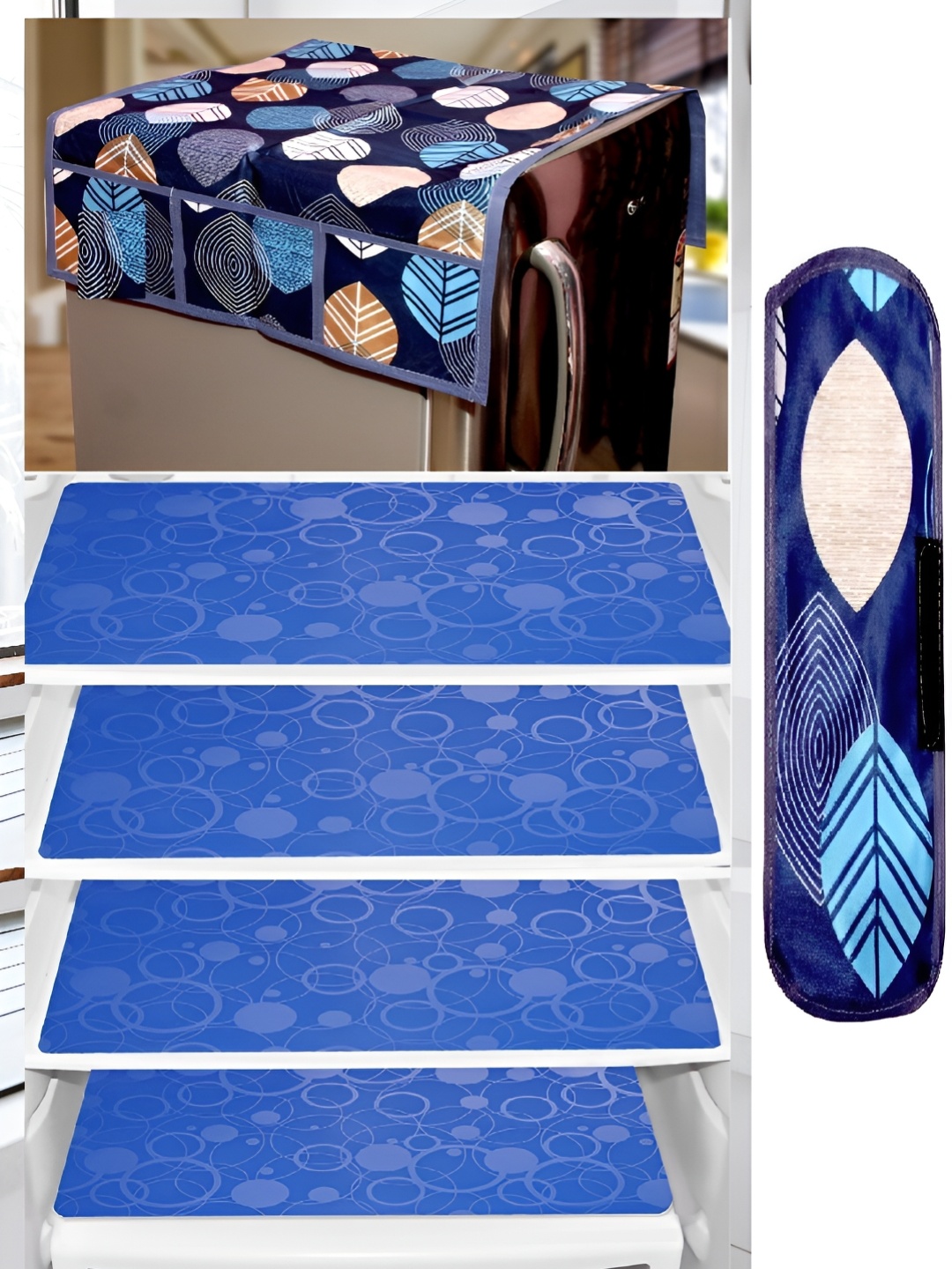 

REVEXO Blue & Beige Floral Printed Fridge Cover With 3 Fridge Mats