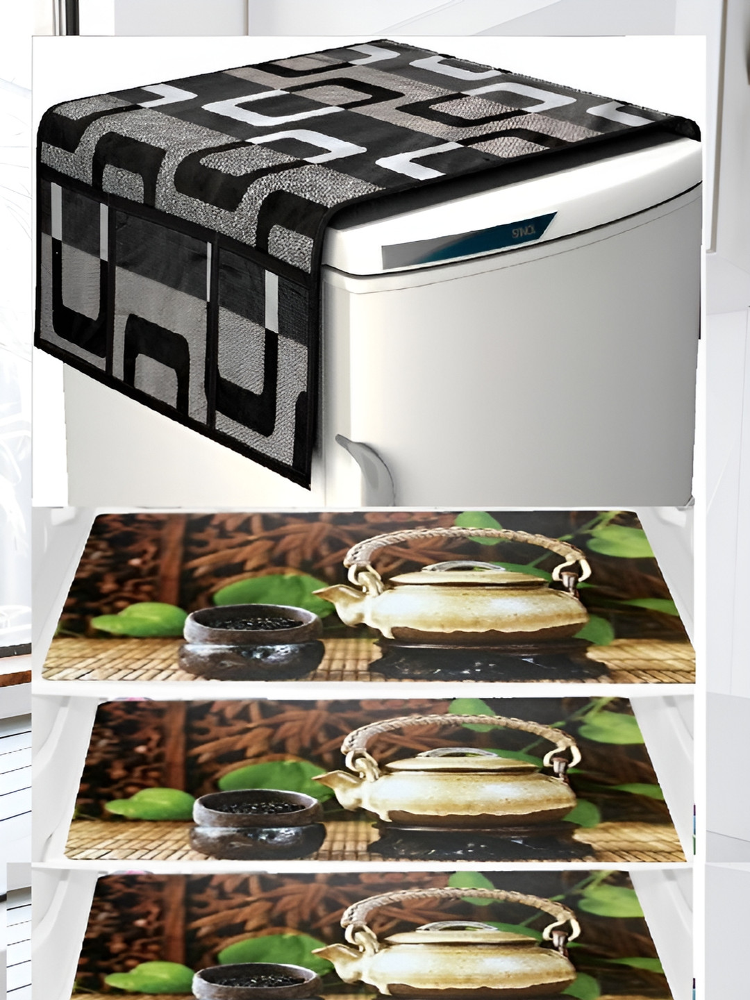 

REVEXO 5-Pcs Grey & Brown Printed Fridge Top Cover With Fridge Mats
