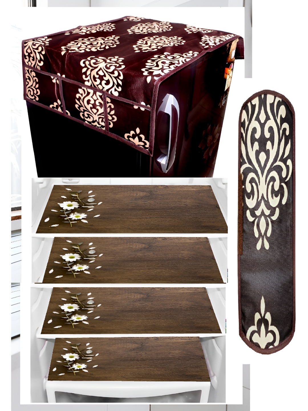 

REVEXO Brown & White 6 Pieces Printed Refrigerator Cover