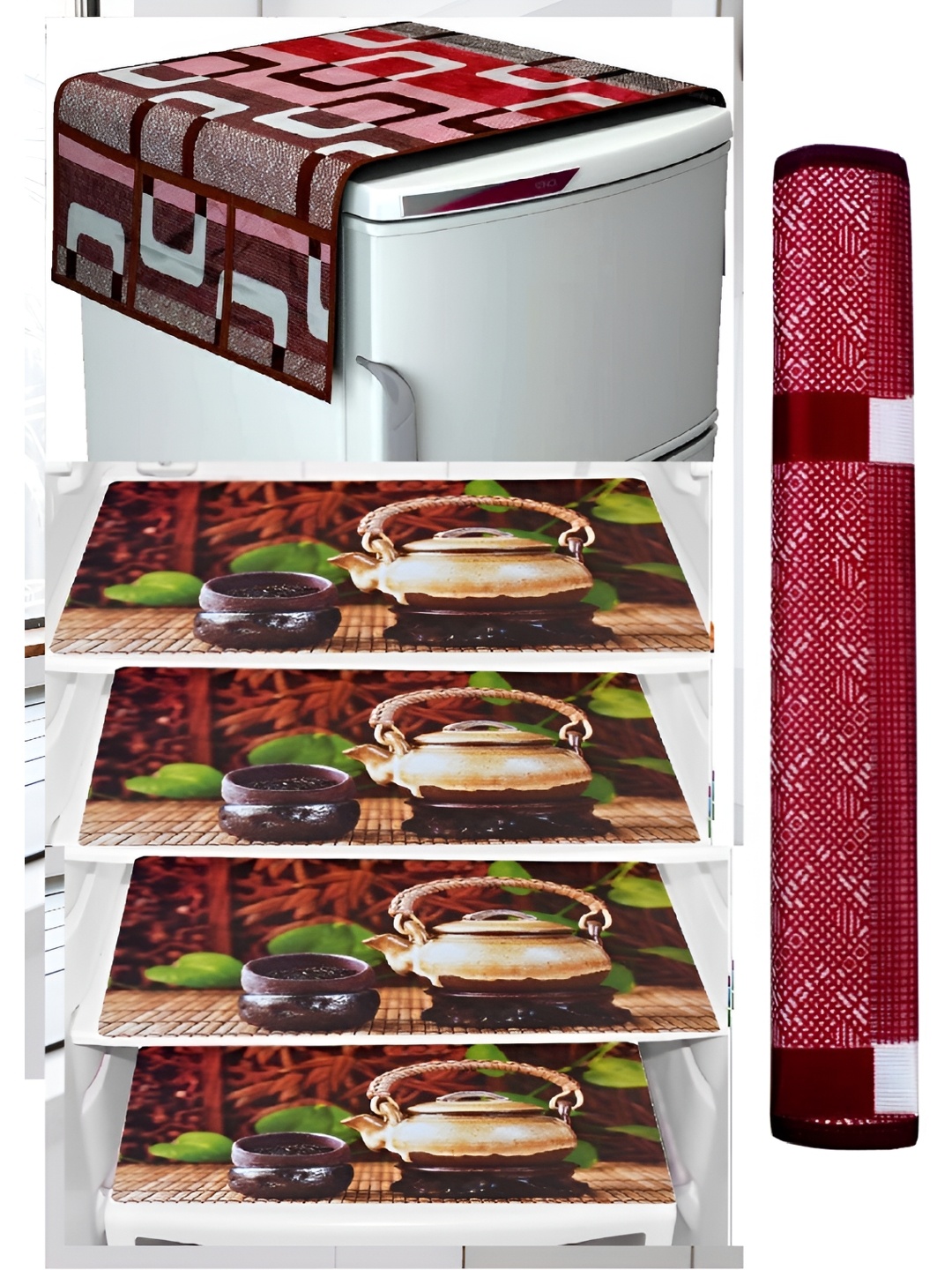 

REVEXO Brown & Beige 4 Pieces Printed Fridge Cover With Mats