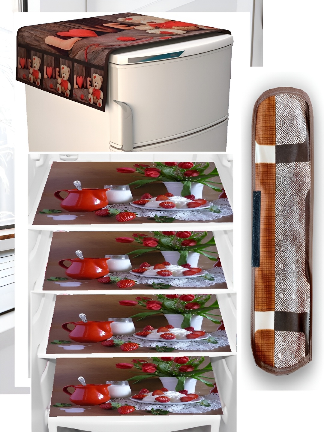

REVEXO Brown & Red 6 Pieces Printed Fridge Top Cover