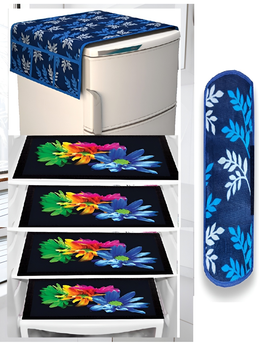 

REVEXO Blue & Green Floral Printed Fridge Cover With 3 Fridge Mats