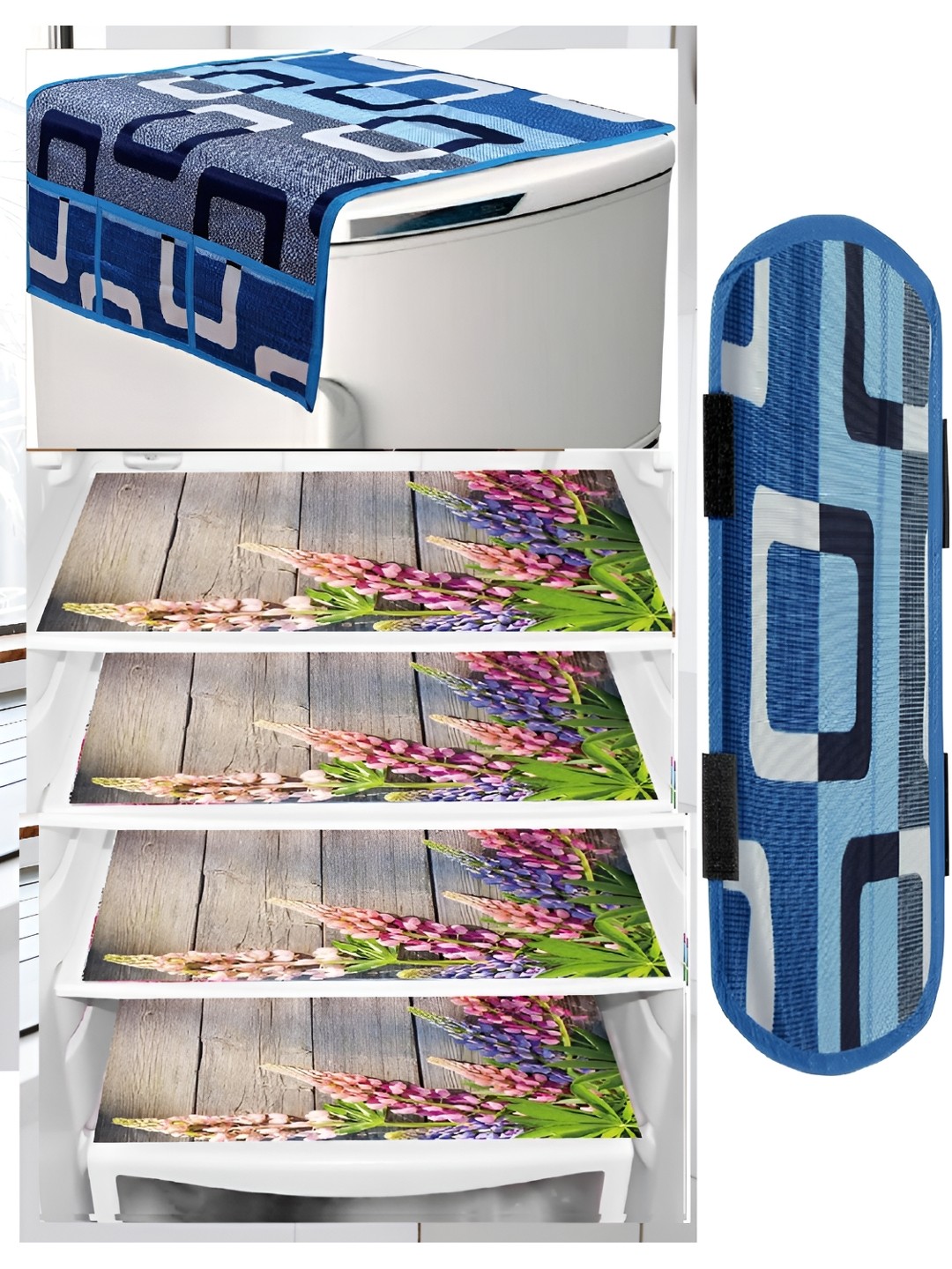 

REVEXO Blue & Pink Geometric 4 Pieces Printed Fridge Cover With Mats