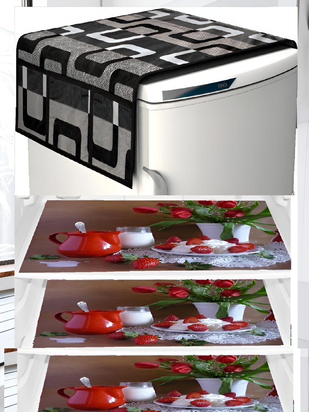 

REVEXO Grey & Red 5 Pieces Printed Fridge Top Cover With Fridge Mats