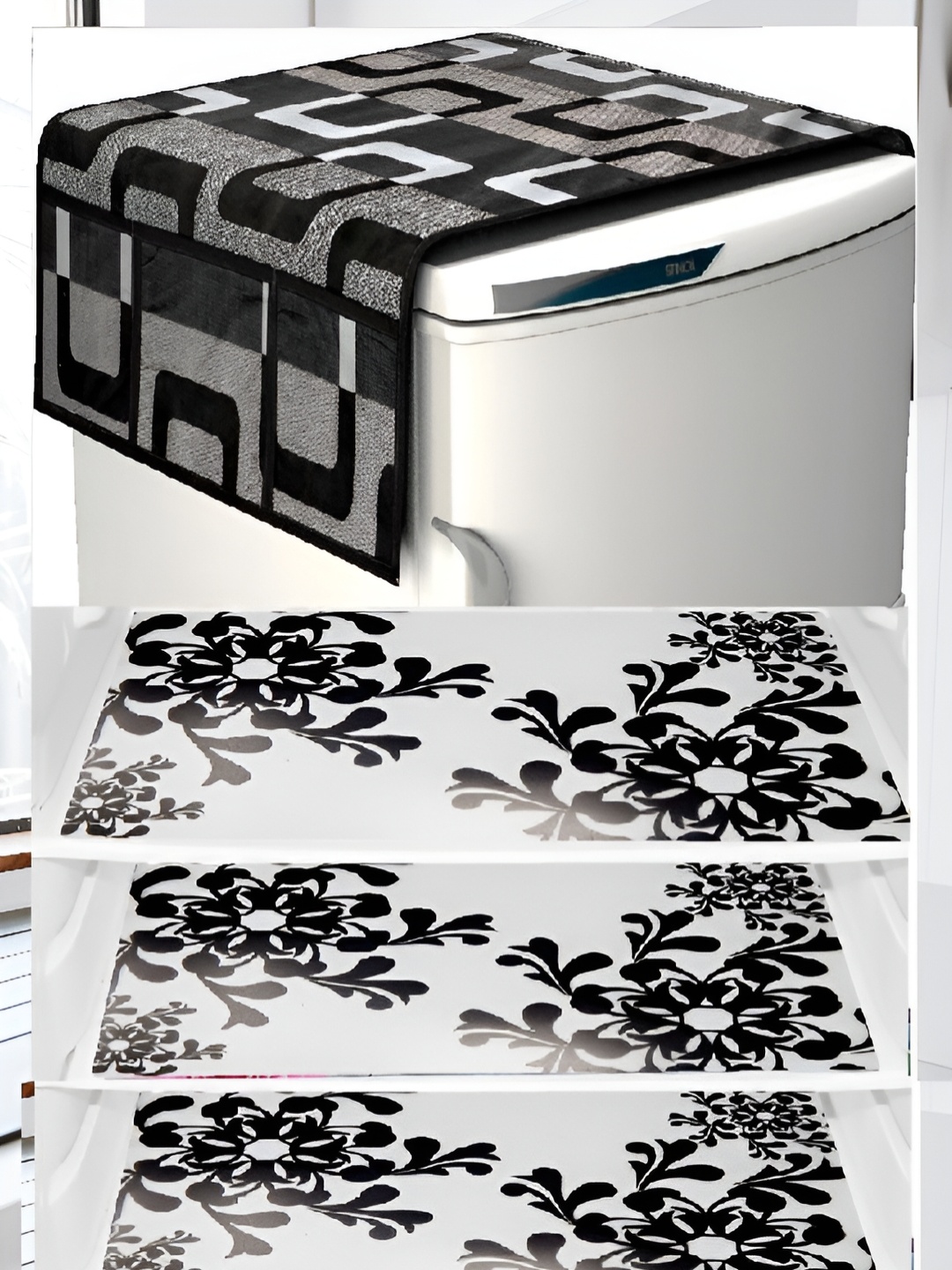 

REVEXO 5-Pcs White & Black Printed Fridge Top Cover & Fridge Mats