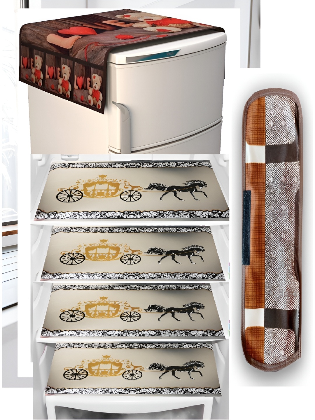 

REVEXO 6-Pcs Brown 4 Pieces Printed Fridge Cover With Mats