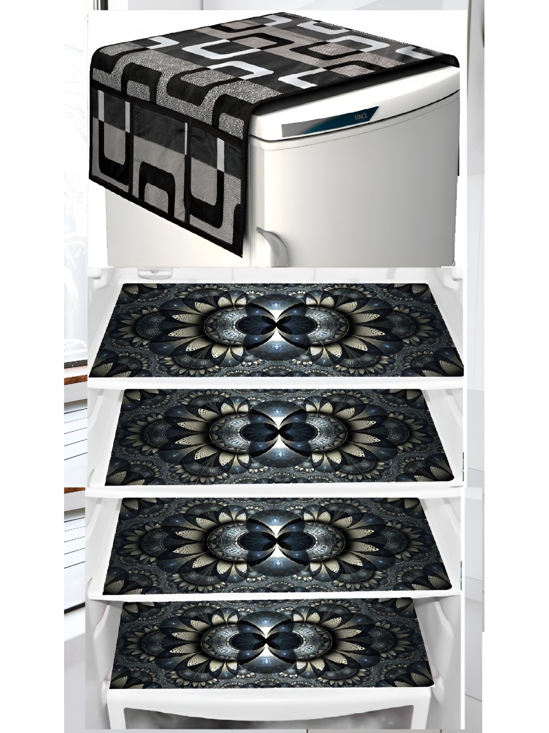 

REVEXO White & Black 5 Pieces Printed Fridge Top Cover & Fridge Mats