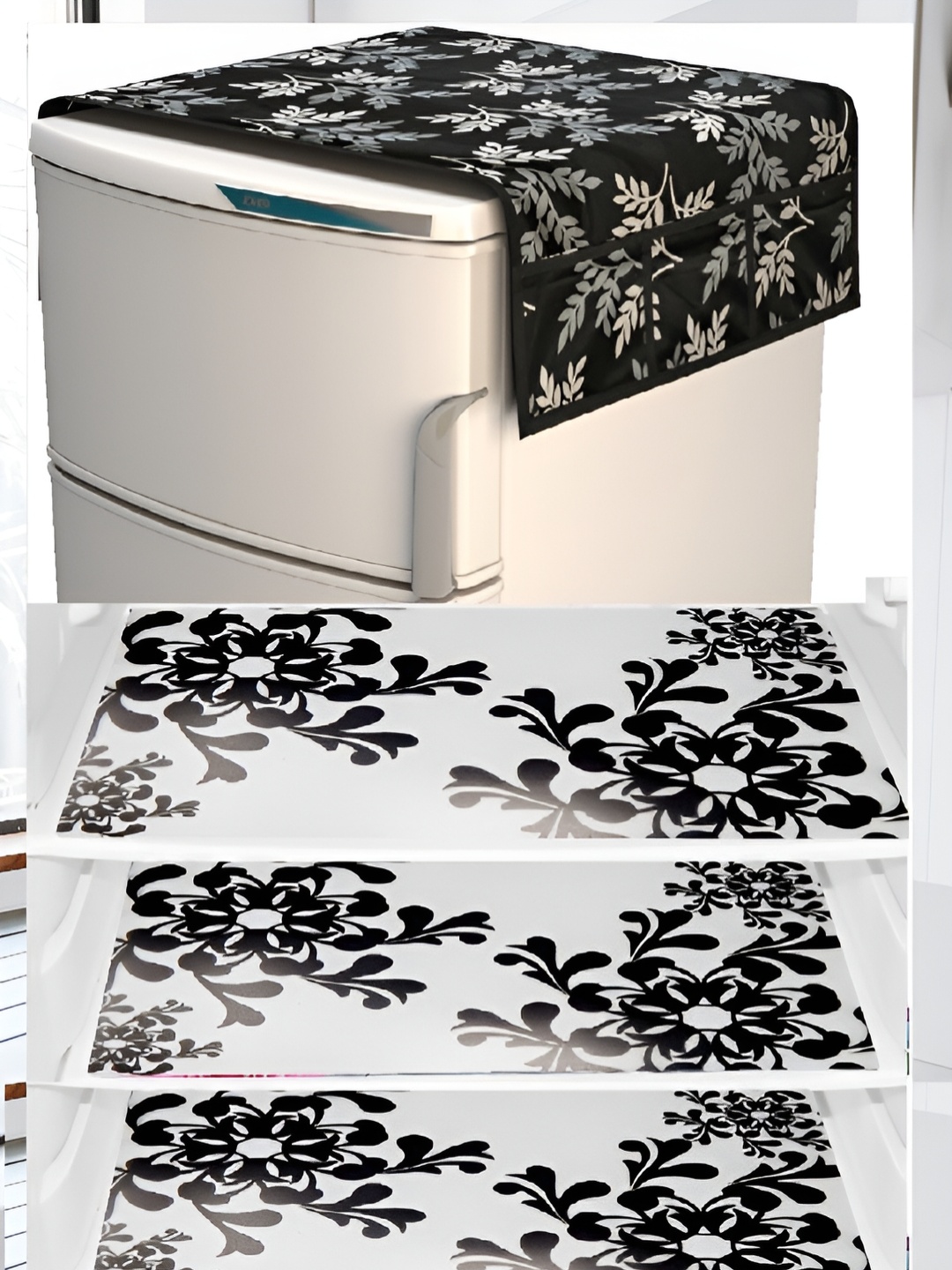 

REVEXO Black & White Floral Printed Fridge Cover With 3 Fridge Mats