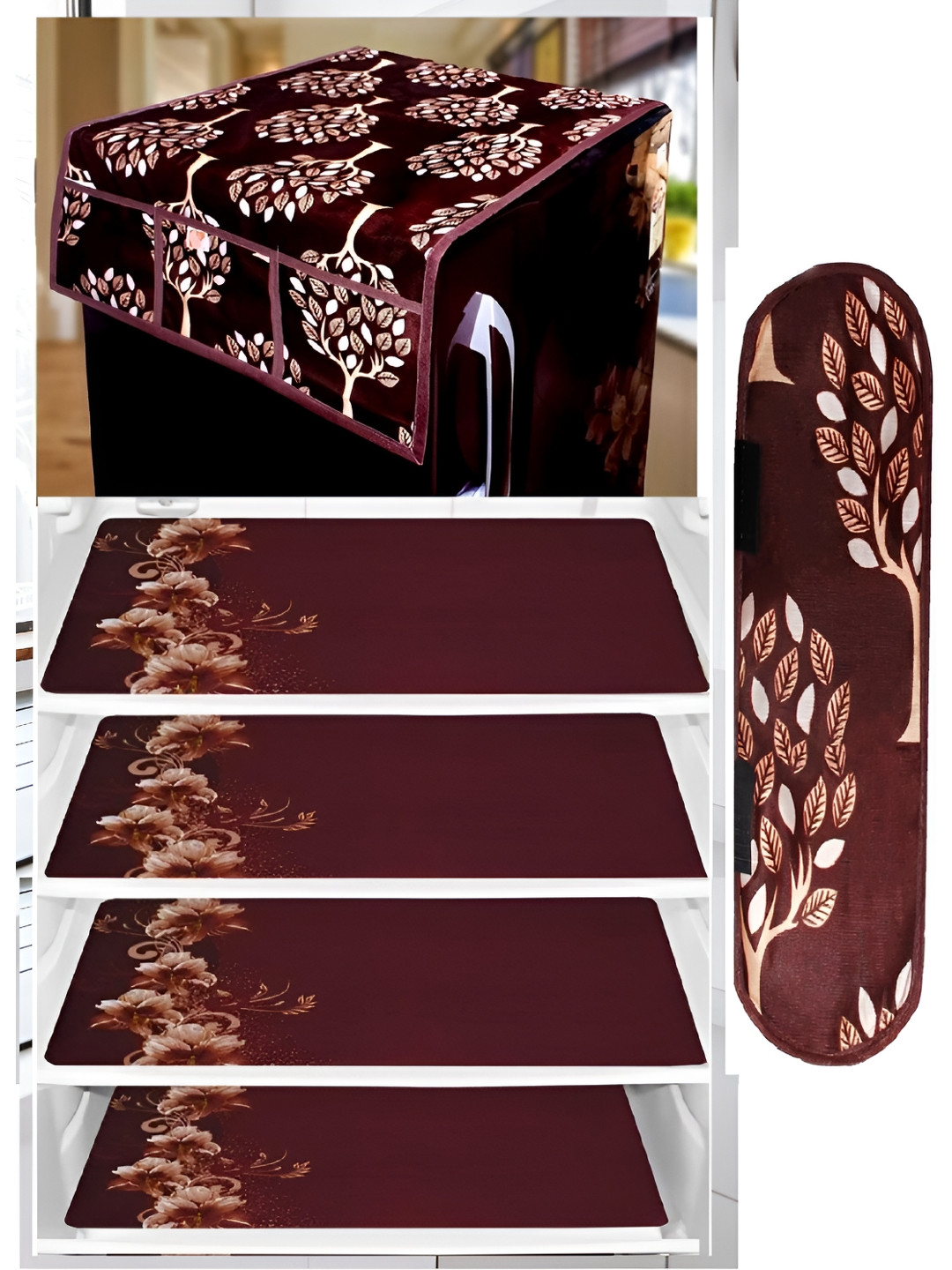 

REVEXO Brown & White 6 Pieces Printed Refrigerator Cover
