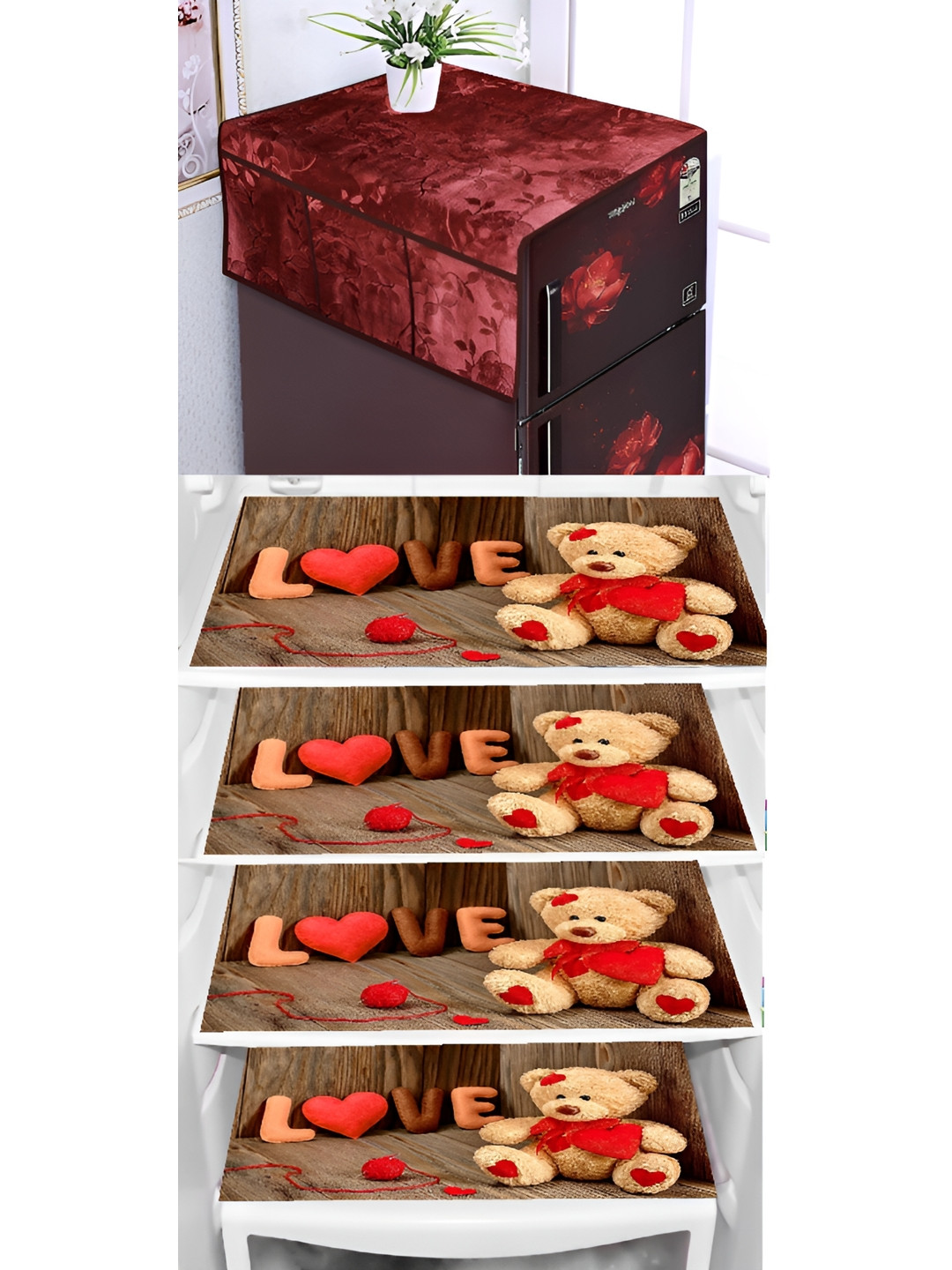 

REVEXO Maroon & Beige 5 Pieces Printed Refrigerator Cover