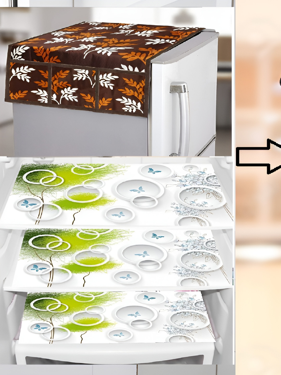 

REVEXO Brown & Blue Floral Printed Fridge Cover With 3 Fridge Mats & Apron