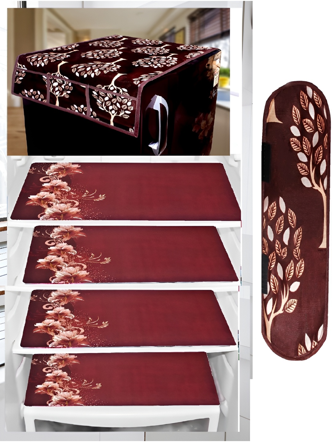 

REVEXO 6-Pcs Brown Printed Refrigerator Cover