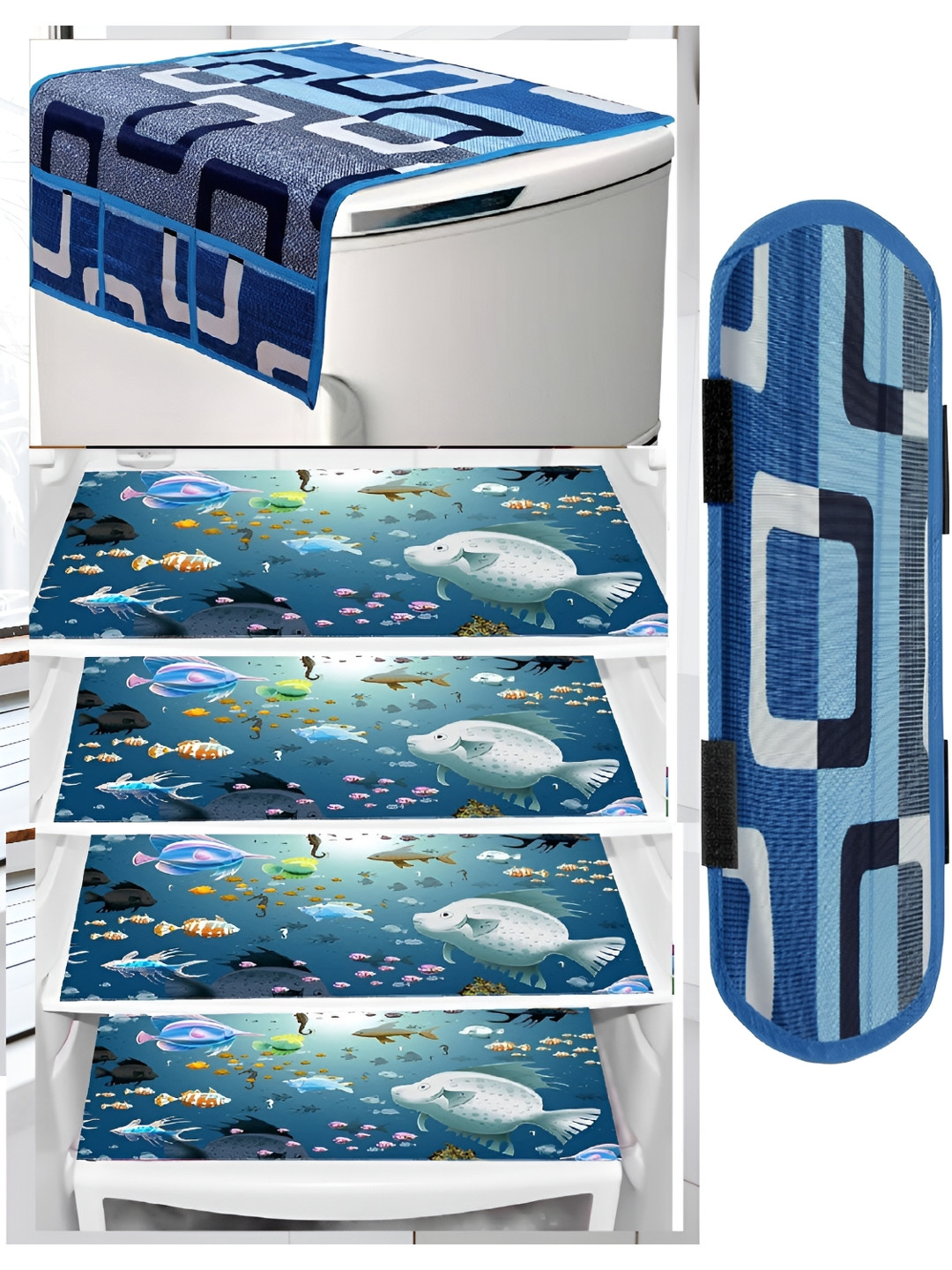 

REVEXO White & Blue 6 Pieces Printed Refrigerator Cover