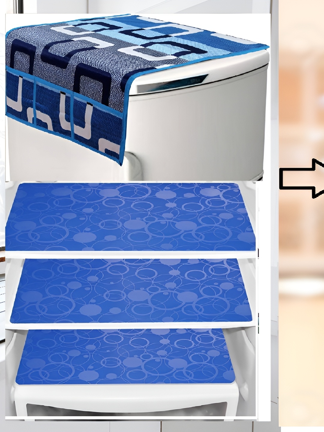 

REVEXO 5-Pcs Blue Printed Fridge Top Cover With Apron & Fridge Mats, Multi