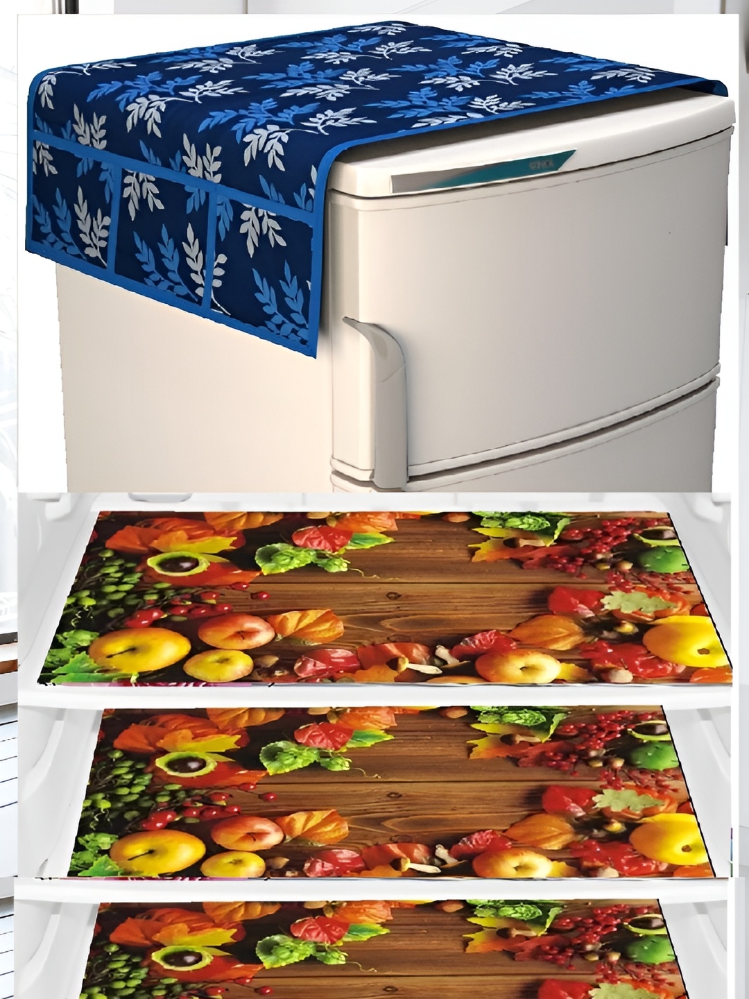 

REVEXO Blue & Yellow 4 Pieces Printed Refrigerator Cover