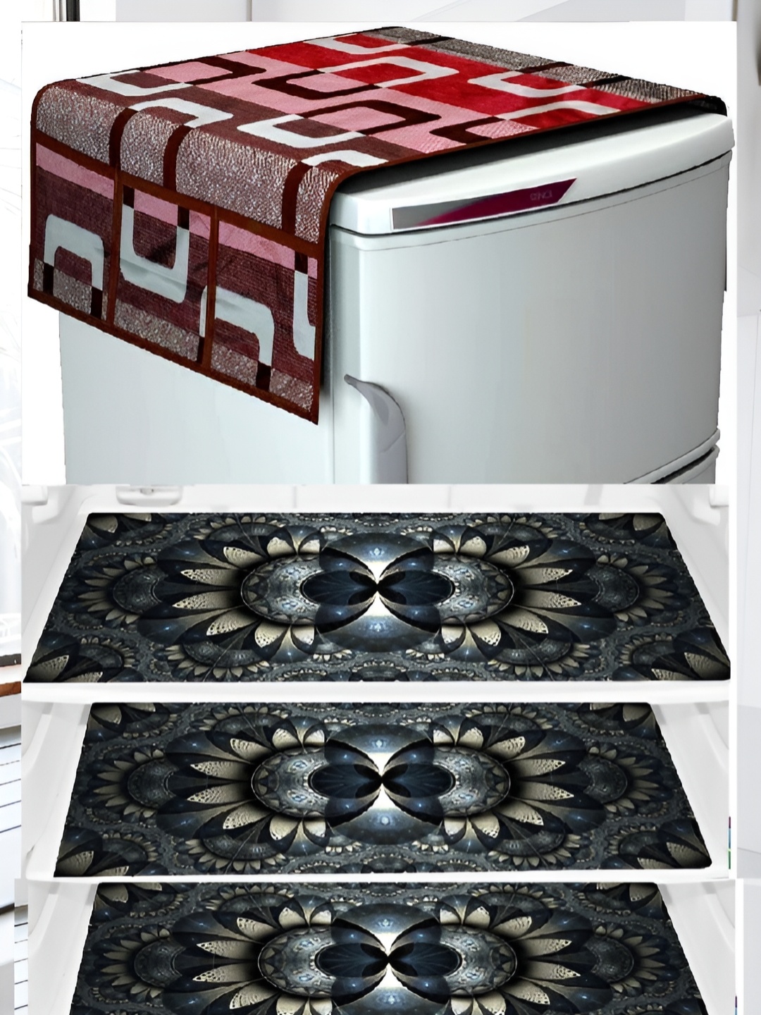 

REVEXO Maroon & Black 4 Pieces Printed Fridge Top Cover & Fridge Mats