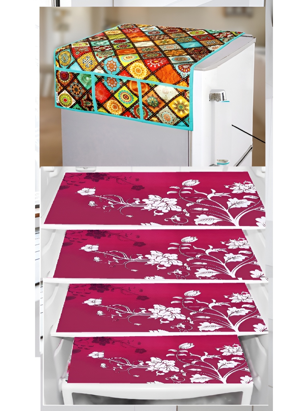 

REVEXO Pink & Green 5 Pieces Floral Printed Appliance covers