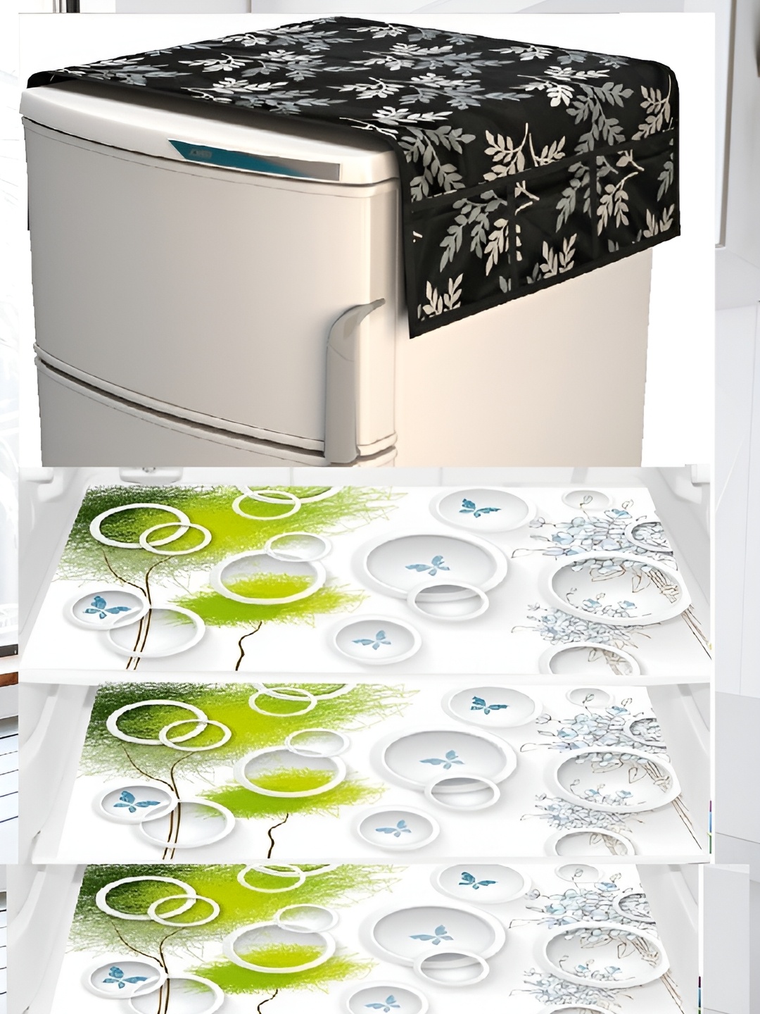 

REVEXO 5-Pcs White & Black Printed Fridge Top Cover & Fridge Mats