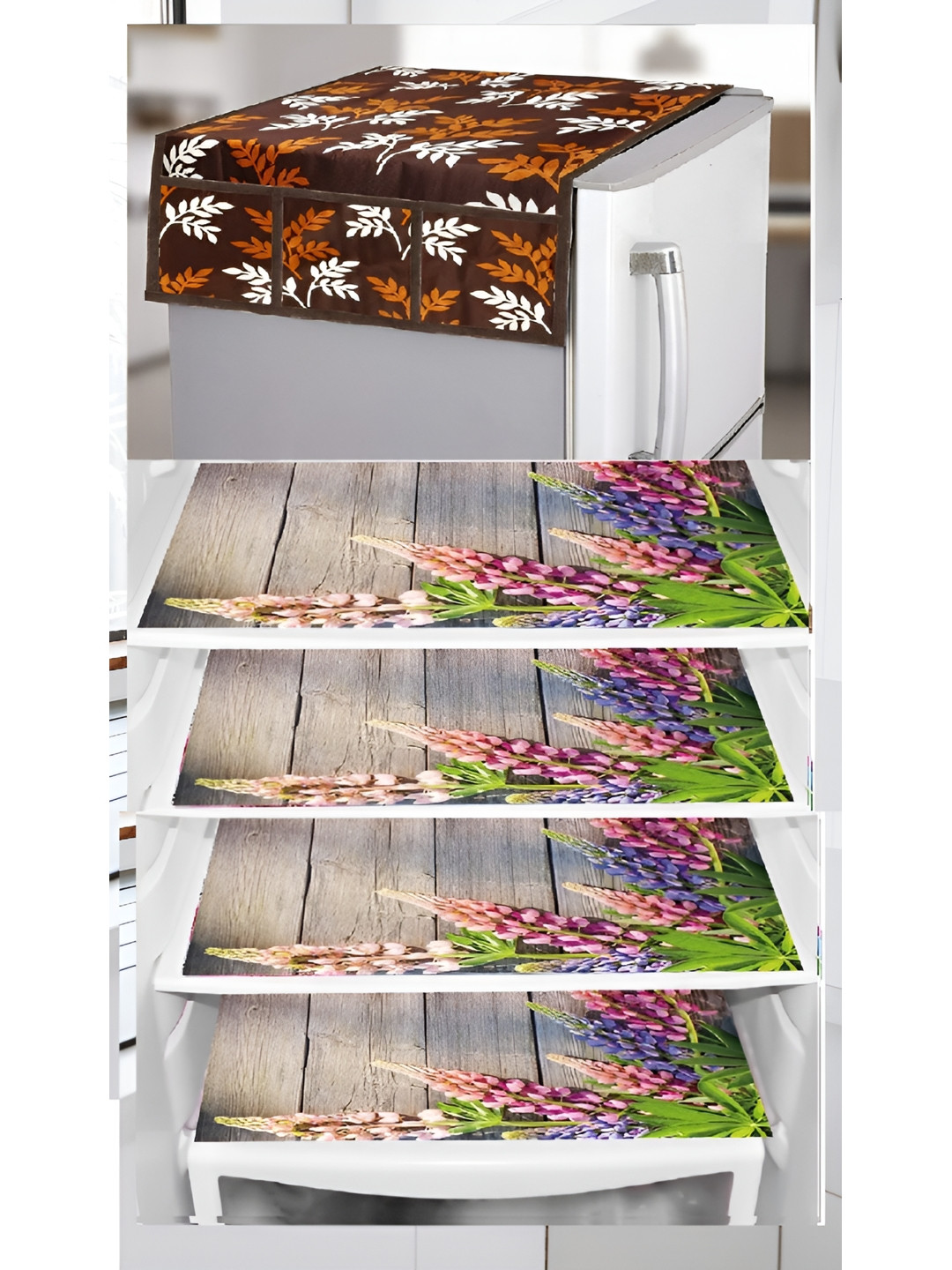 

REVEXO 5-Pcs Brown & White Printed Fridge Top Cover