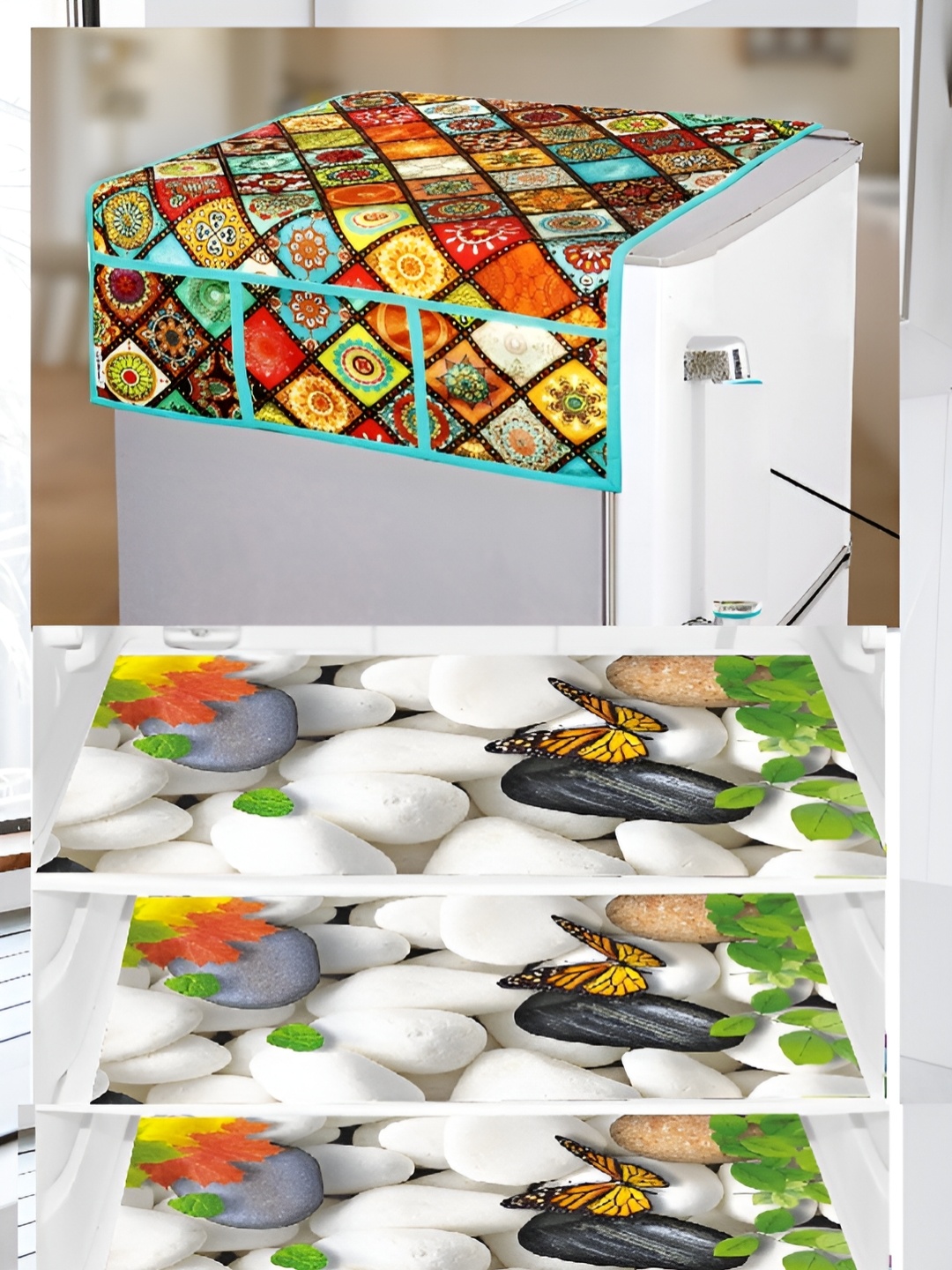 

REVEXO Green & Red 4 Pieces Printed Fridge Top Cover