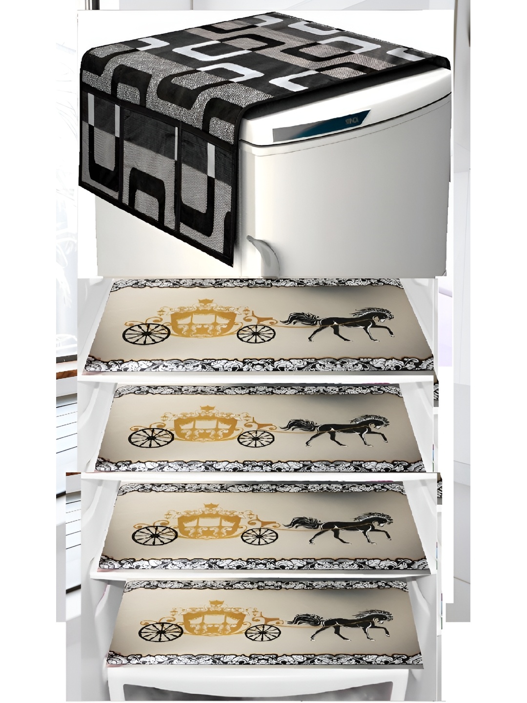 

REVEXO 5-Pcs Cream & Black Printed Fridge Top Cover & Fridge Mats