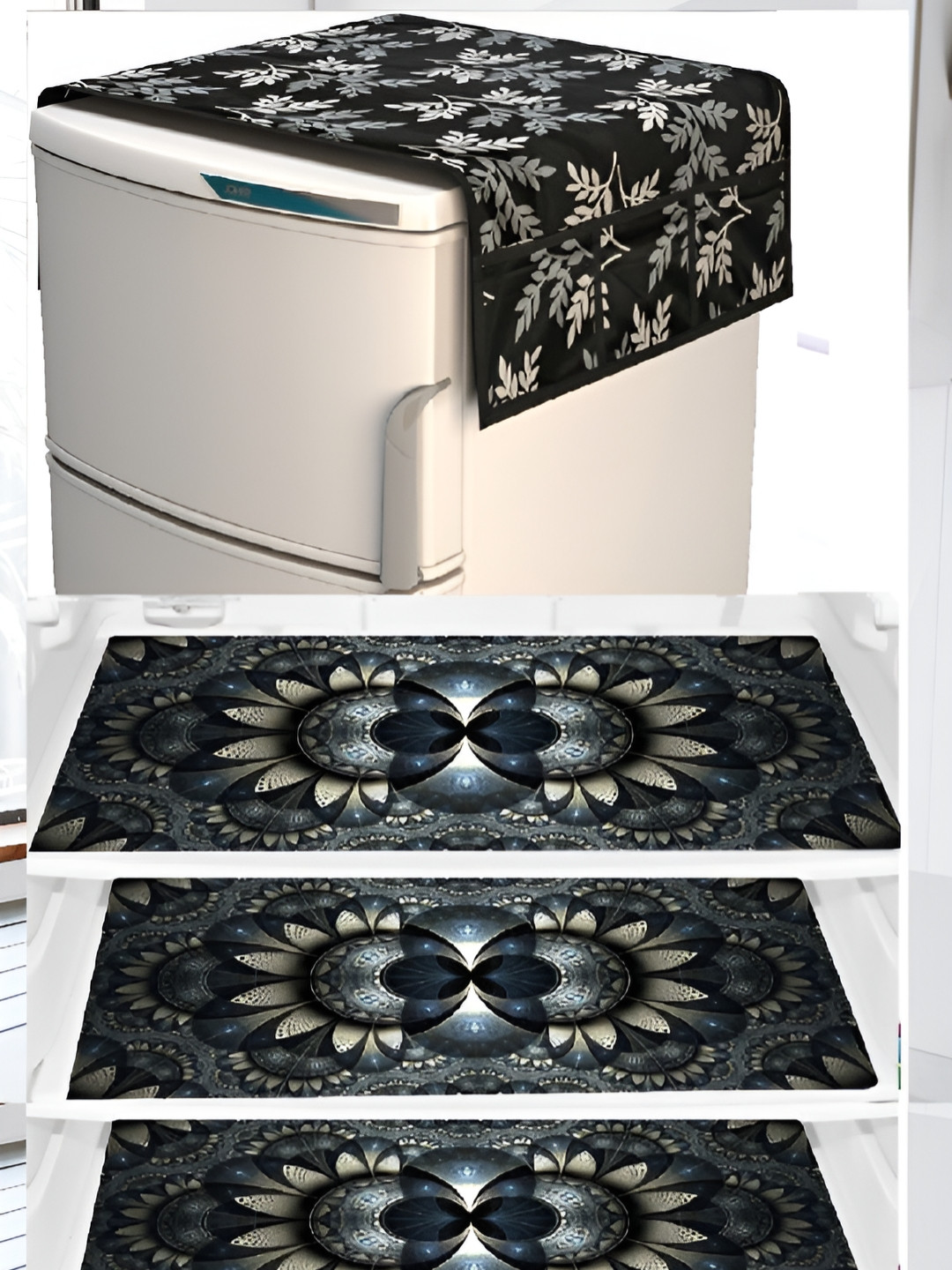 

REVEXO Black & Grey Floral Printed Fridge Cover With 4 Fridge Mats