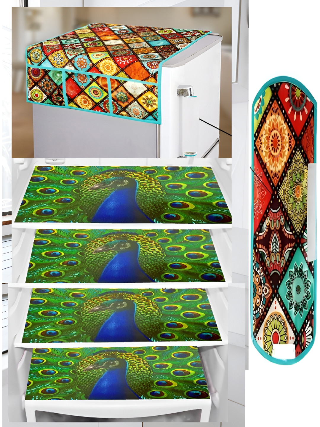 

REVEXO Red & Green 5 Pieces Printed Fridge Top Cover With Fridge Handle Cover & Fridge Mat