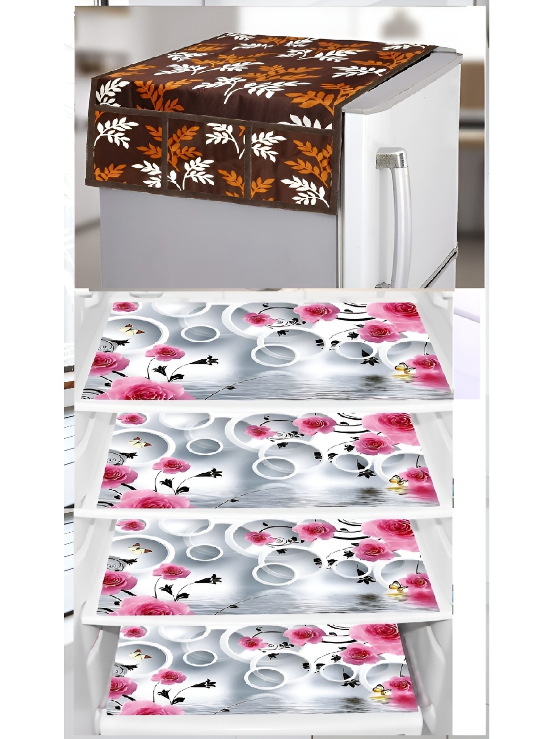 

REVEXO White & Brown 5 Pieces Printed Fridge Cover Mats