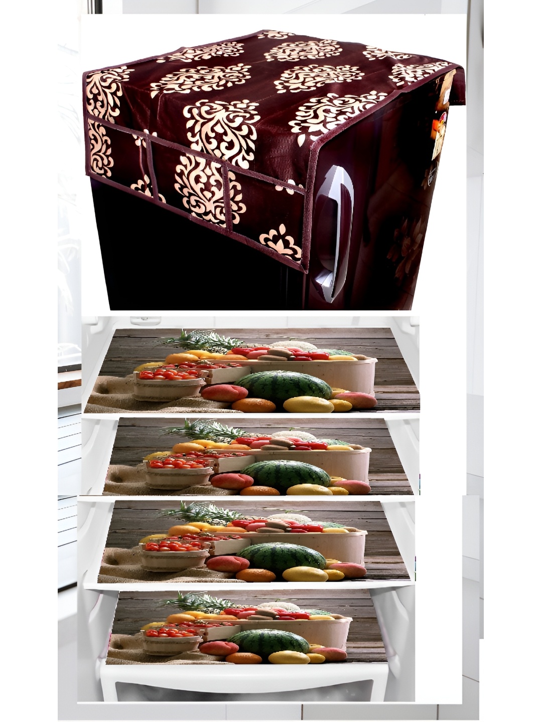 

REVEXO Brown & Beige 5 Pieces Floral Printed Appliance covers