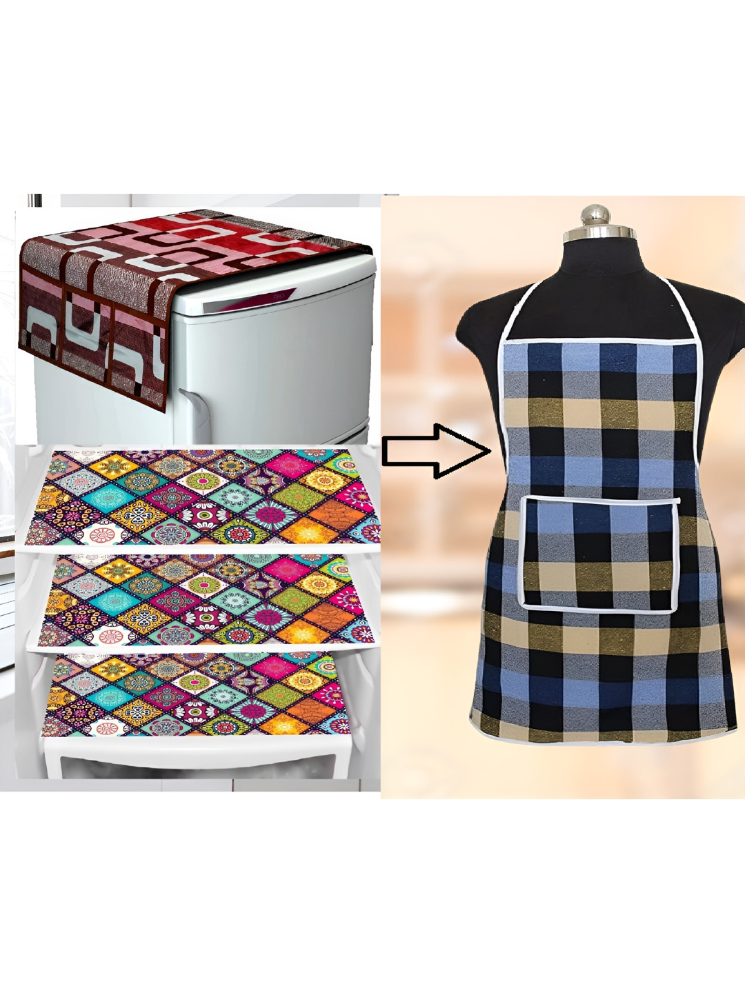 

REVEXO Maroon & Blue Floral Printed Fridge Cover With 3 Fridge Mats & Apron