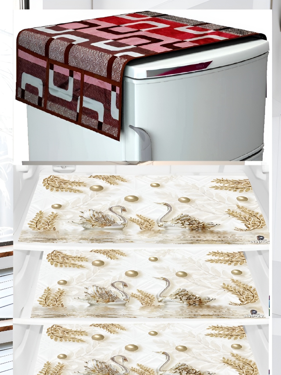 

REVEXO Pink & White 4 Pieces Printed Fridge Cover With Mats