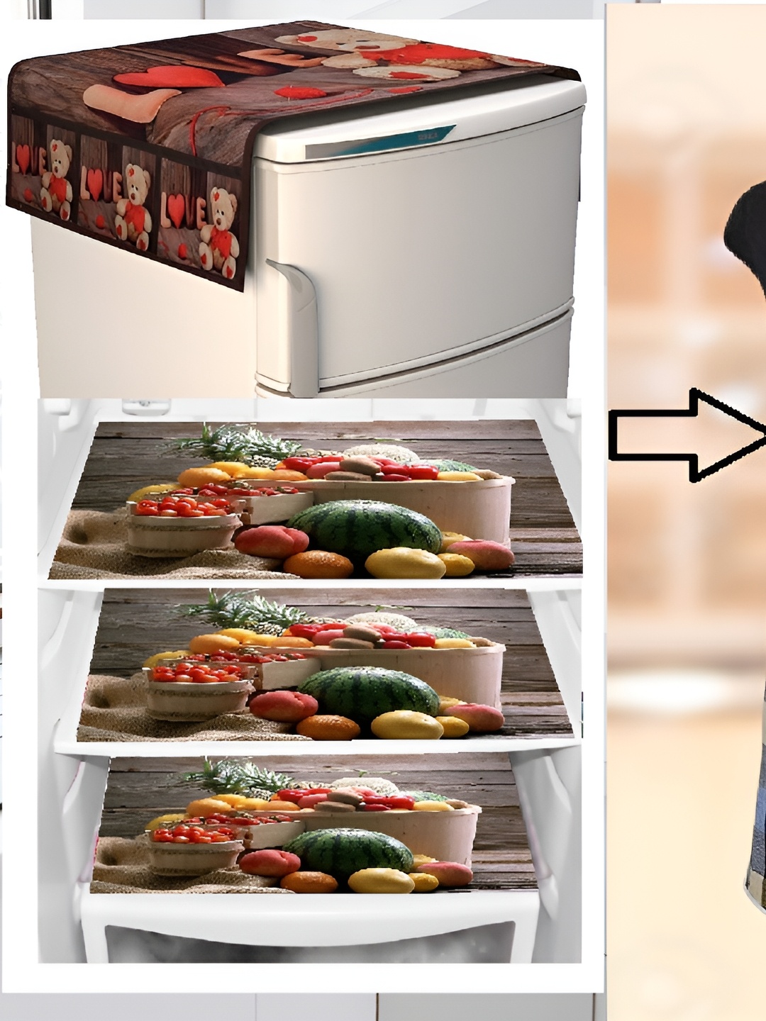 

REVEXO 5-Pcs Blue Printed Fridge Top Cover. 3 Fridge Mats & 1 Apron, Multi
