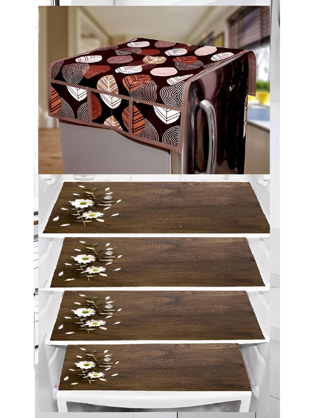 

REVEXO Brown & White 5 Pieces Printed Fridge Top Cover & Fridge Mats