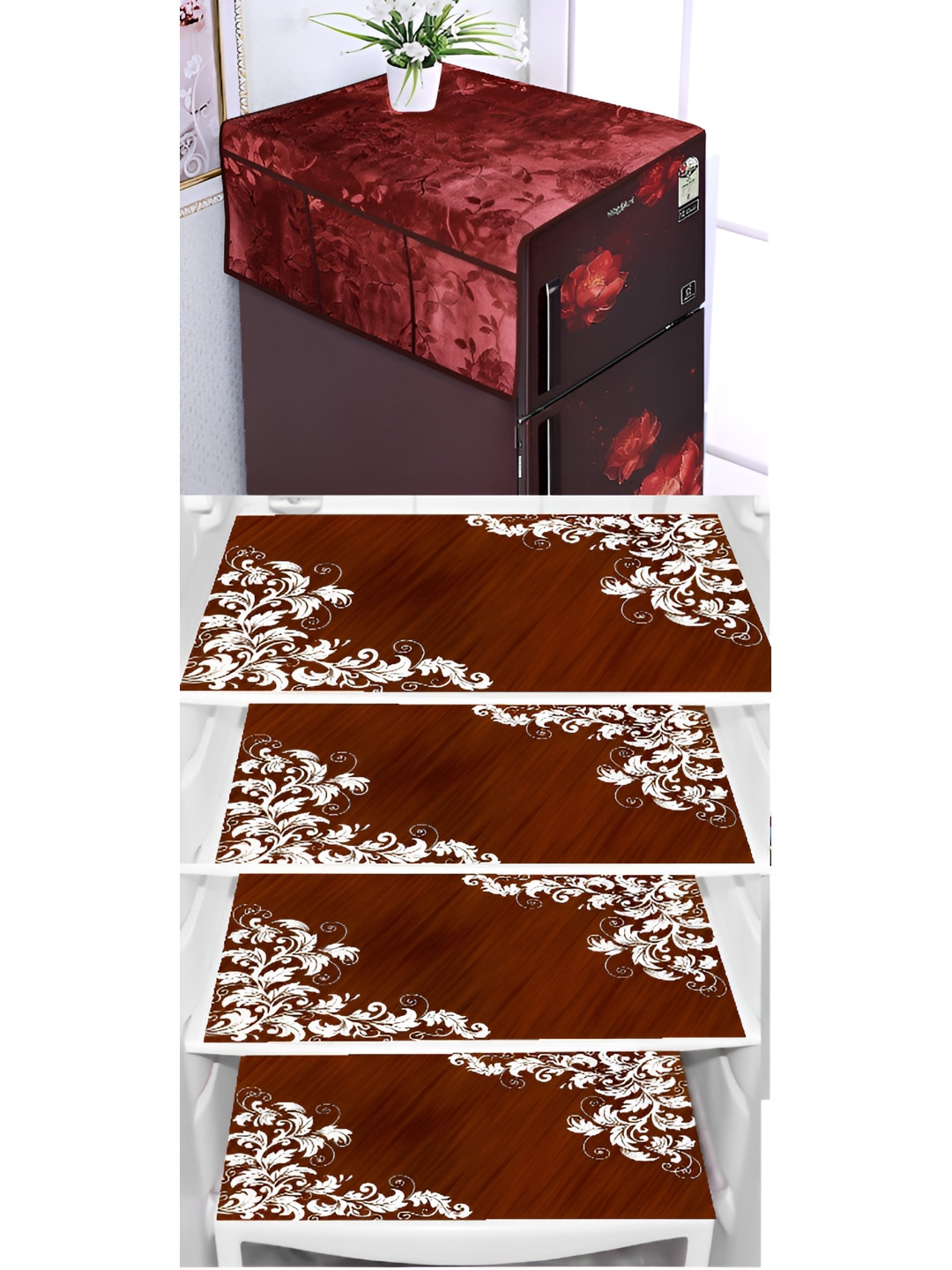 

REVEXO Maroon & Brown 5 Pieces Floral Printed Appliance covers