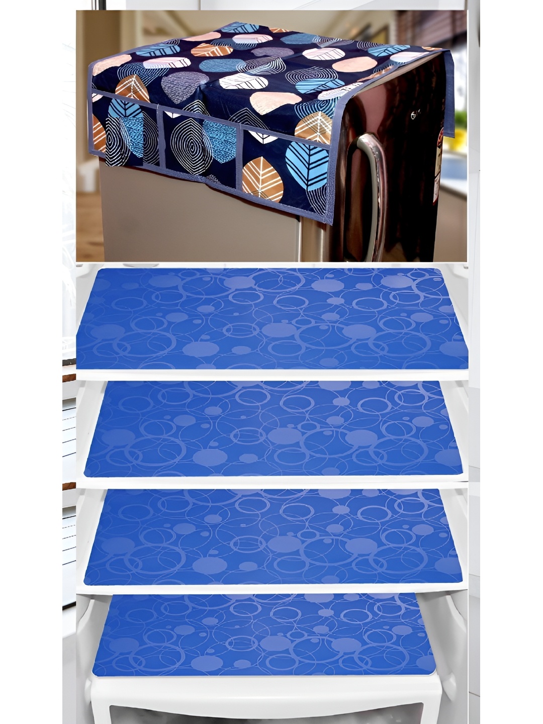 

REVEXO 5-Pcs Blue Printed Refrigerator Top Cover With Handle & Mats
