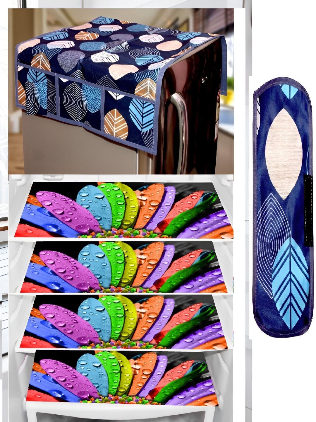 

REVEXO 6-Pcs Navy Blue & Green Printed Refrigerator Top Cover With Handle & Mats