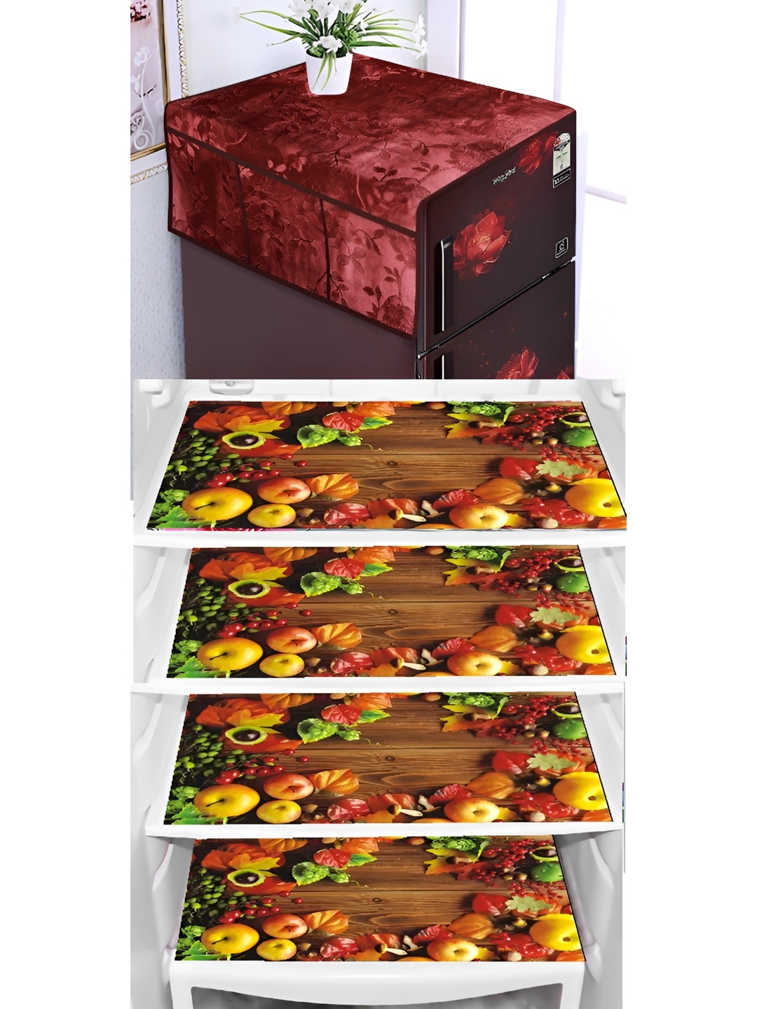 

REVEXO Maroon & Brown 5 Pieces Printed Fridge Top Cover & Fridge Mats