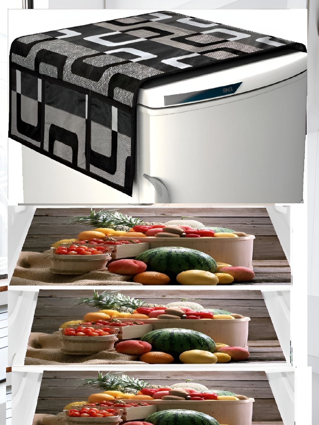 

REVEXO Black & Brown 4 Pieces Geometric Printed Fridge Cover With 4 Fridge Mats