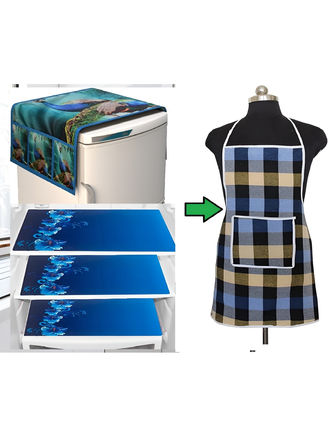 

REVEXO Blue 5 Pieces Printed Fridge Top Cover With Fridge Mats & Apron, Multi