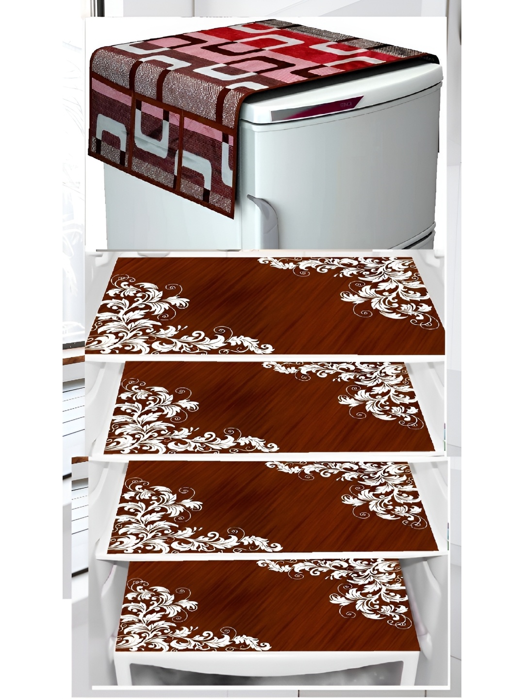 

REVEXO Maroon & Brown 5 Pieces Printed Fridge Top Cover & Fridge Mats