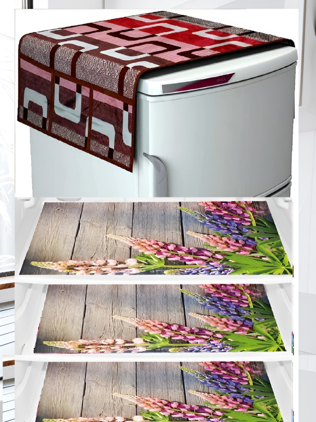 

REVEXO Maroon & Beige 4 Pieces Geometric Printed Cover With Fridge Mats