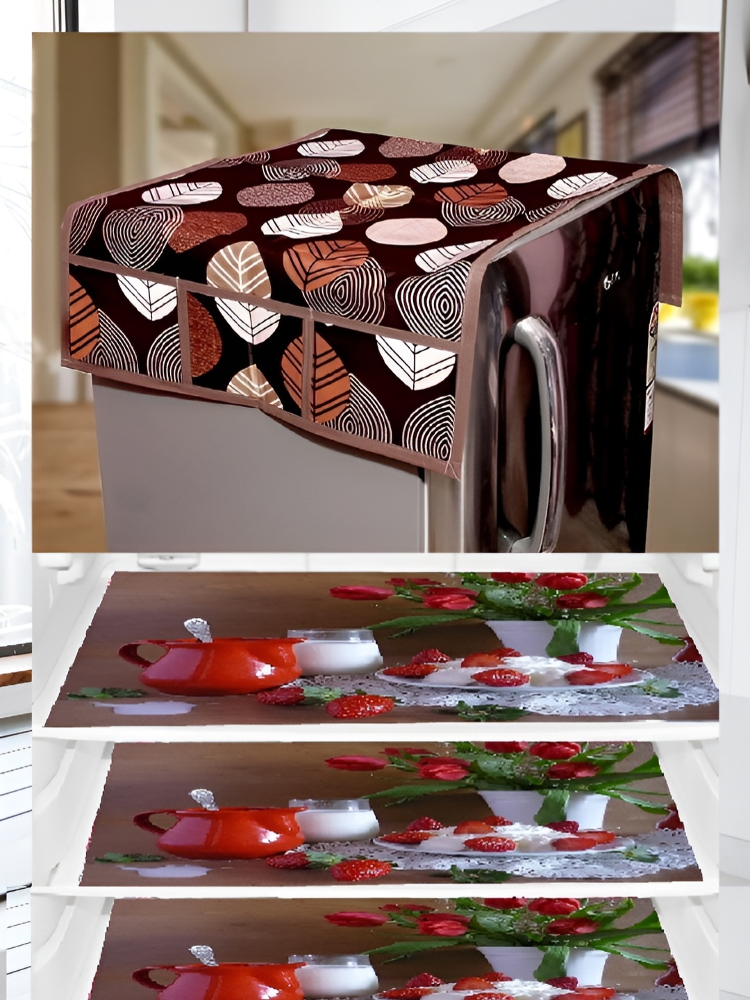 

REVEXO Brown & Maroon 4 Pieces Printed Fridge Top Cover & Fridge Mats
