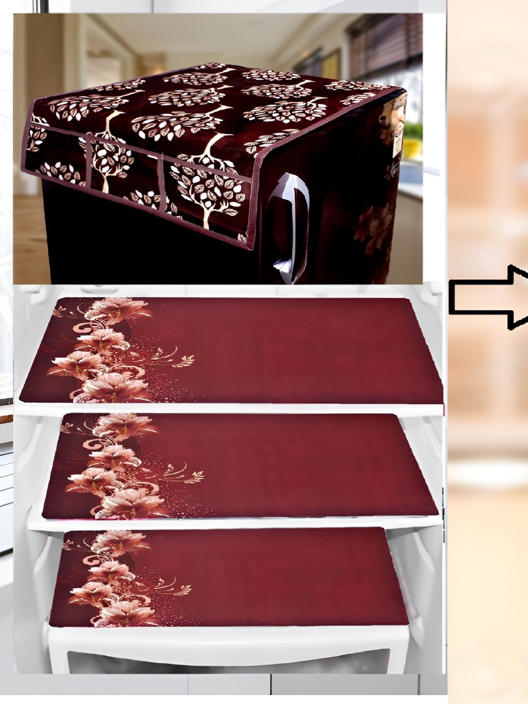 

REVEXO Brown & Beige Floral Printed Fridge Cover With 3 Fridge Mats & Apron