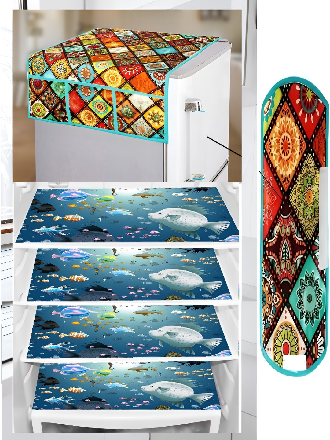 

REVEXO Blue & Green 6 Pieces Printed Refrigerator Top Cover With Handle & Mats