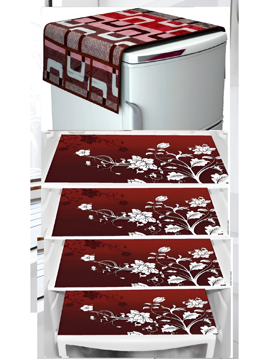 

REVEXO Red & White 5 Pieces Printed Fridge Top Cover With Fridge Mats