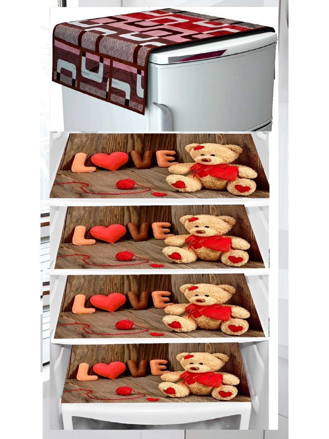 

REVEXO Set of 5 Printed Fridge Cover Mats, Brown