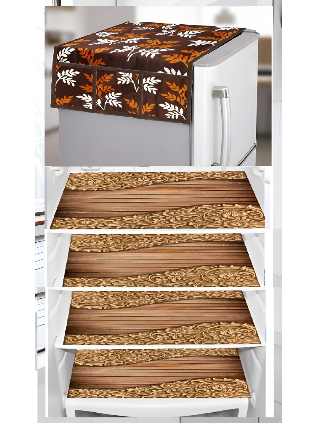 

REVEXO Brown & Beige 5 Pieces Printed Fridge Cover With Mats